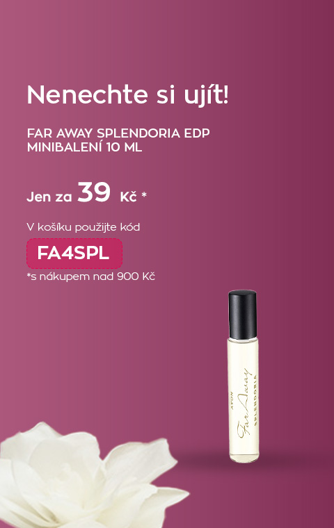 Minibalení vůně Far Away Splendoria 10 ml. Vedle flakonu je umístěna bílá květina. Text jen za 39 Kč s nákupem nad 900 Kč.