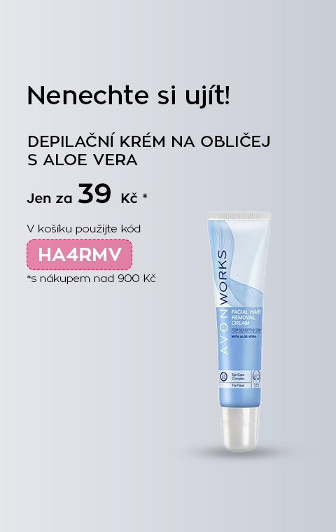 Depilační krém na obličej s aloe vera pro citlivou pleť na modrém pozadí. Text jen za 39 Kč s nákupem nad 900 Kč.