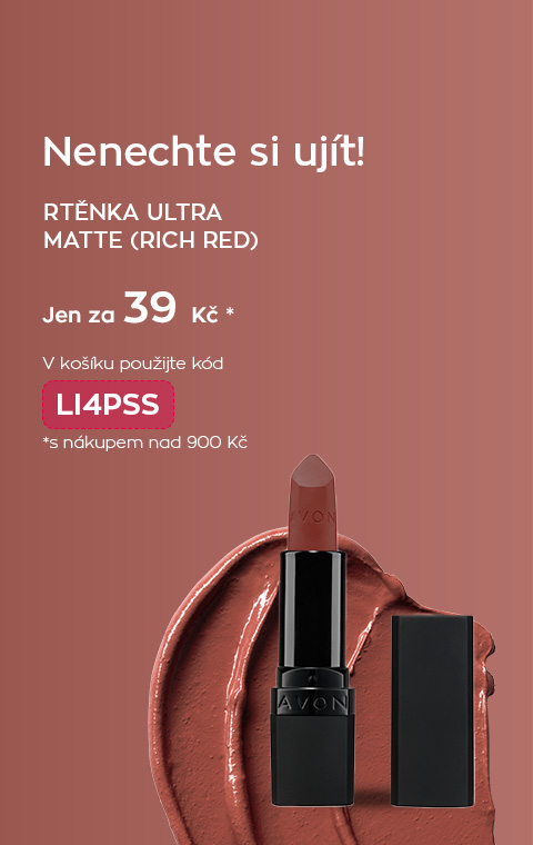 Avon rtěnka Ultra Matte, odstín Rich Red na hnědém pozadí. Text jen za 39 Kč s nákupem nad 900 Kč.